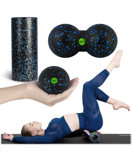 Zestaw roller do ćwiczeń + piłka + podwójna piłka do masażu NS-998 czarno-niebieski